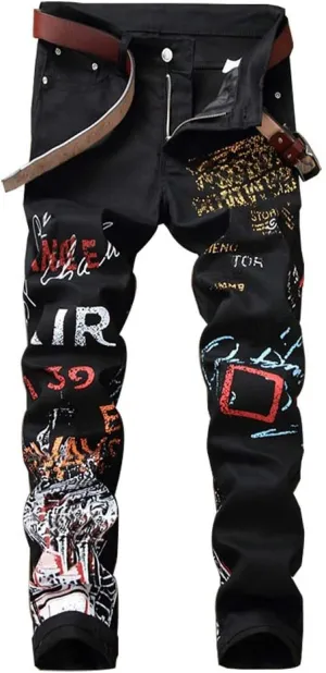 Ylingjun Mens Printed Patterned Stretch Skinny Biker Jeans