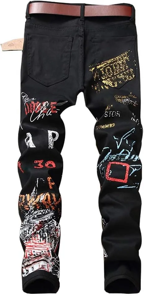 Ylingjun Mens Printed Patterned Stretch Skinny Biker Jeans