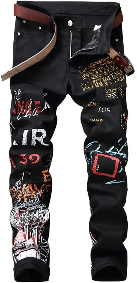 Ylingjun Mens Printed Patterned Stretch Skinny Biker Jeans